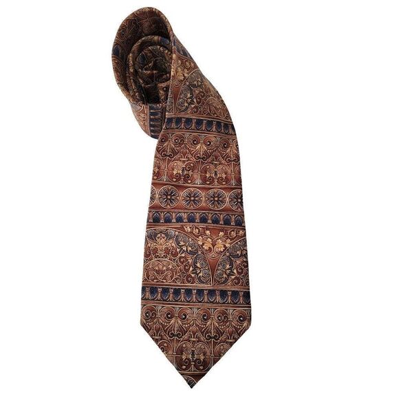 Barrington 100% Silk Art Deco Mens Necktie Brown Architecture Design - Picture 2 of 4